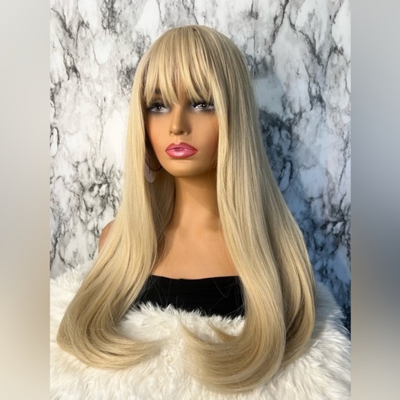 Ash Light Blonde Straight Hair long Wig with bangs 24” - Picture 3 of 6